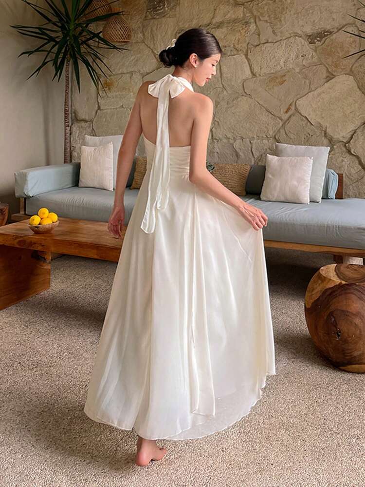 Women's Solid Color Halter Neck Bow Tie Backless Sleeveless Elegant Long Dress