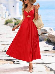 Breezaya Đầm suông thanh lịch màu trơn xếp ly xoắn, dáng suông, thích hợp cho tiệc tối, kỳ nghỉ, chụp ảnh trên bãi biển, kiểu dáng Pháp với dây đeo mảnh. - Đỏ - Xem 4