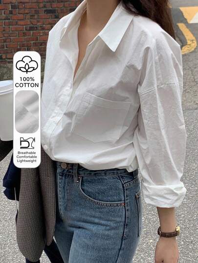 Dazy Tall Women's Loose Fit Lapel Collar Pocket Decor Pure Cotton Casual Long Sleeve Shirt