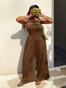 Sunnyshic New Spring/Summer Sexy Black Fitted High-Waist Strapless Off-Shoulder Casual Slimming Wide-Leg Jumpsuit - Khaki - View 4
