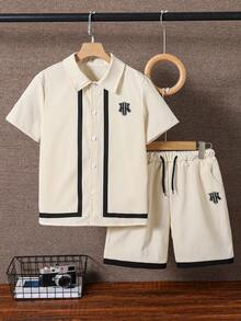 Genkimix Kids 2pcs/Set Teenage Boys' Casual Apricot Shirt And Shorts Set,Black And White Striped,Soft Fabric,Summer Outfits,School,Back-To-School Clothing For Kids - Apricot - View 3