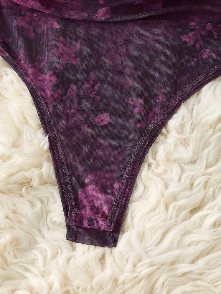 Franclia Body de manga larga con estampado de leopardo y malla transparente para mujer - Morado - Añade 5