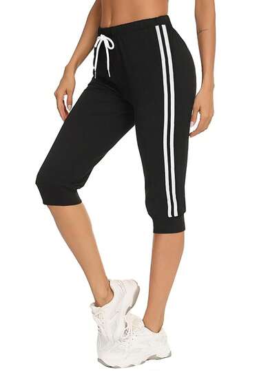 DrmWander Women's Vacation Vibe Letter & Side Stripe Print Drawstring Waist Capri Pants