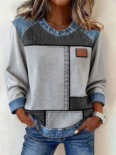 EMERY ROSE Femmes grande taille T-shirt à manches longues casual, chic de rue, pour le trajet quotidien, imprimé patchwork, printemps/automne