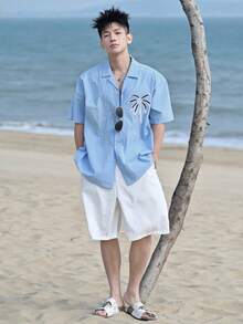 DAZY 男士夏季休闲度假通勤棕榈树刺绣宽松短袖衬衫短裤套装 - 彩色 - 查看 7