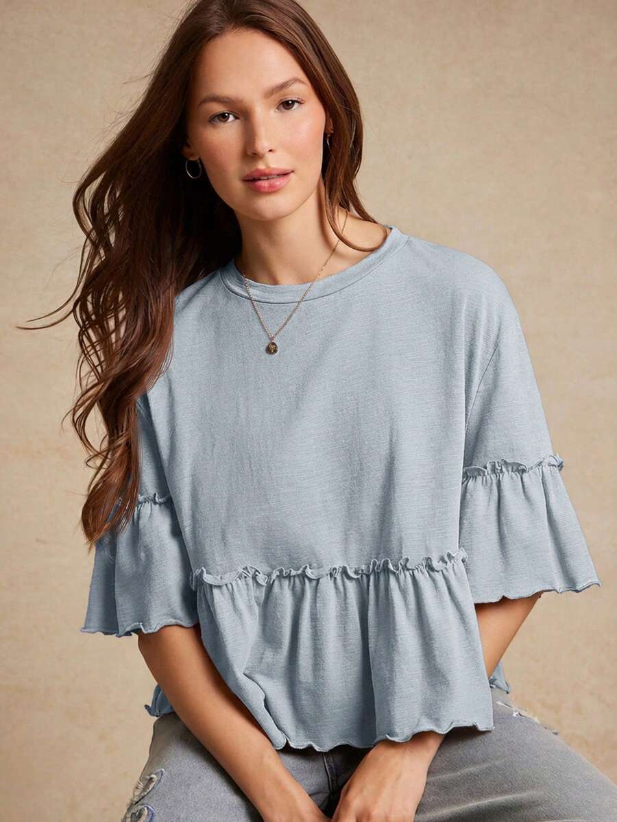 WESTFADE Slub Knit Crewneck Ruffle Sleeve Peplum T-Shirt Back To School Cute Fall Country Concert, Female Country Look - Blue - View 1