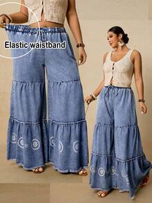 Travachic Quần jeans ống rộng dáng suông nhiều lớp xếp ly, cạp chun, gấu quần xếp ly, dành cho nữ cỡ lớn. - Rửa nhẹ - Xem 3
