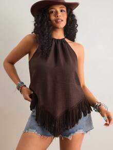 Freevana Plus Size Women's Casual Western Cowgirl Style Vacation Solid Color Fringe Hem Halter Top, Summer Tops - Coffee Brown - View 3