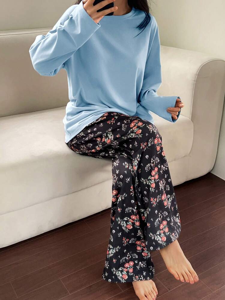 2pcs Loose Solid Color Long Sleeve T-Shirt & Floral Print Straight Leg Long Pajama Pants Set, Women Spring Sleepwear