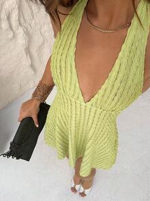 TRNVIE 性感镂空提花迷你连衣裙，适合春夏海滩度假 - 綠色 - 查看 1