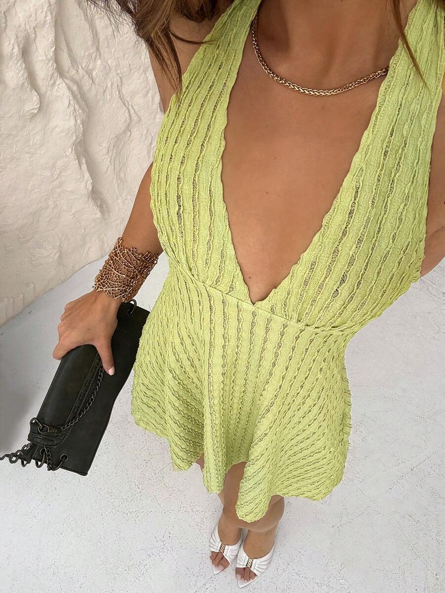 TRNVIE 性感镂空提花迷你连衣裙，适合春夏海滩度假 - 綠色 - 查看 1