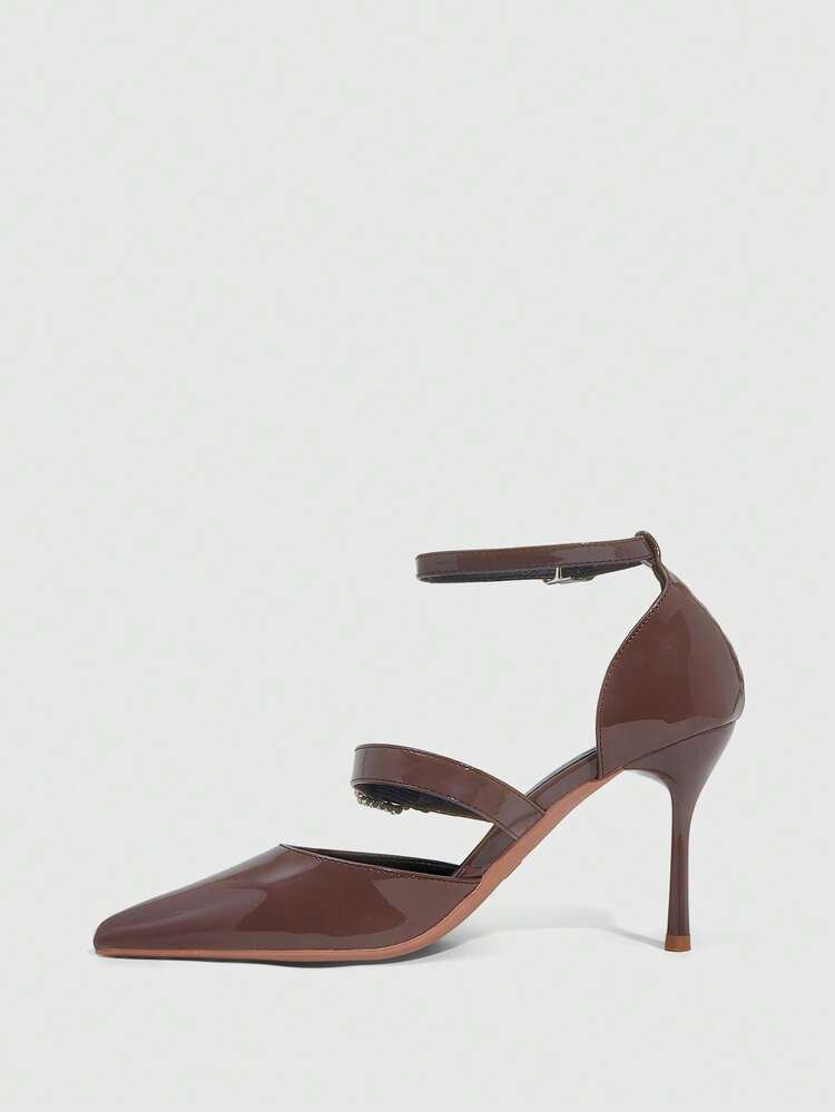 CUCCOO SZL Women's Coffee Brown Patent Leather Pointed Toe Stiletto High Heel Shoes With Rhinestone Buckle Straps, Sexy And Fashionable For Dates Spring Shoes