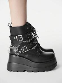 ROMWE Grunge Punk 女士舒适加大码圆头厚底黑色哥特朋克风铆钉孔眼五角星扣系带踝靴 - 黑色 - 查看 4