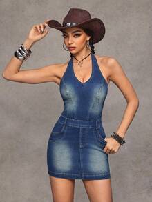 Jeanoix Women's Fashionable Casual Y2K Slim Fit Sexy Denim Dress - Dark Wash - View 1