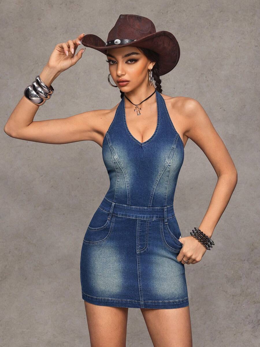 Jeanoix Women's Fashionable Casual Y2K Slim Fit Sexy Denim Dress - Dark Wash - View 1