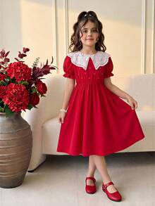 Girls Elegant Ruffle Collar Short Sleeve Dress,Red And White Contrast Cute Summer Dress For Party,Bow Beaded Decor,Daily Wear & Outings For Spring - Red - View 1