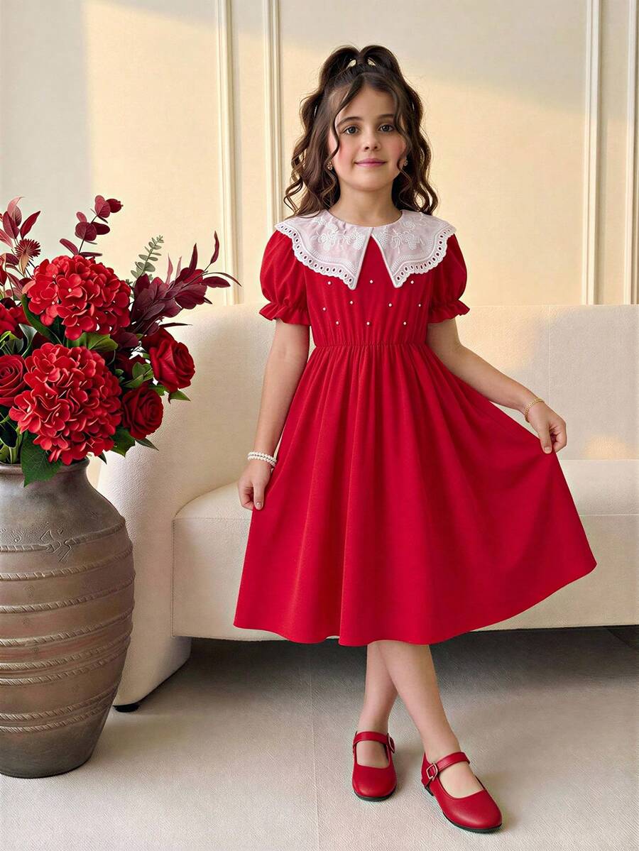 Girls Elegant Ruffle Collar Short Sleeve Dress,Red And White Contrast Cute Summer Dress For Party,Bow Beaded Decor,Daily Wear & Outings For Spring - Red - View 1