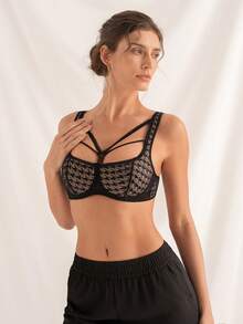 DesireSculpt 1pc Women's Houndstooth Lace Underwire Push-Up Bra - Black - View 3