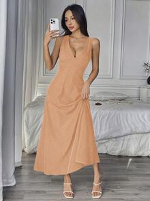 SHEIN Unity Vintage Polka Dot Print V-Neck Sexy Fitted Slim Long Dress - Orange - View 3