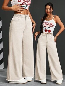 SHEIN Tall Women's Pocketed Wide Leg Loose Casual Distressed Jeans - Beige - View 8