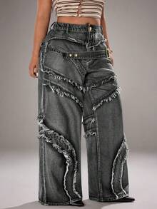 Jeanoix Plus Size Fashion Fringe & Belt Decor Denim Jeans, Suitable For Everyday Wear - Grey - View 4