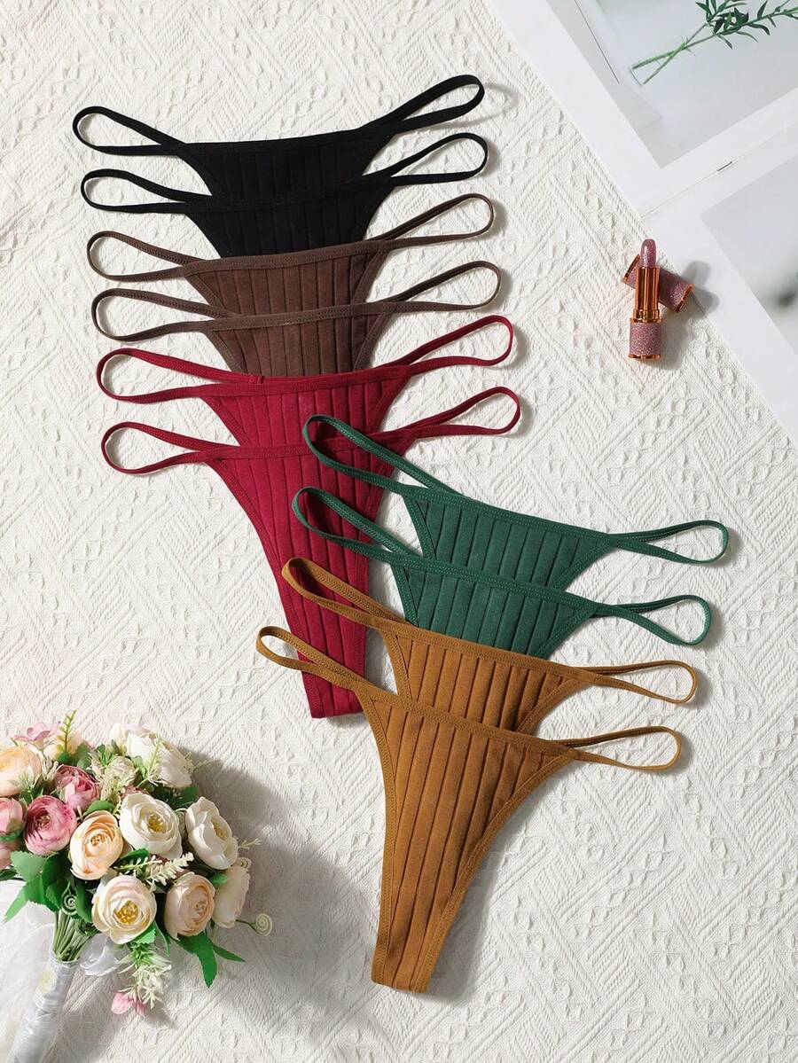 SHEIN 10pcs/Pack Women's Solid Color Ribbed Sexy Thong Panties - Multicolor - View 1