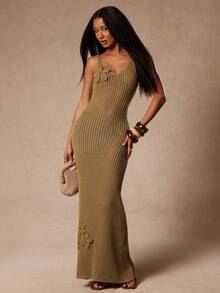NYA SZN Olive Green Autumn Elegant Brunch Knit Maxi Dress Women's Floral Beaded Crochet Strappy Bodycon Swimwear Cover Beach Vacation Casual Outfits - Green - View 3