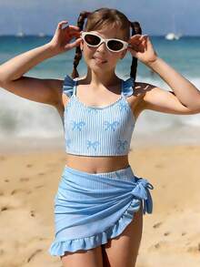 SHEIN Tween Girls Bikini Sets, Cute Knitted Bow Accent, Solid Blue With Ruffle Trim, Blue Mesh Fabric, Knit Material, 3-Piece Swimsuit Set, Fashionable Casual Elegant Lady Style, Suitable For Swimming, Vacation, Summer - Blue - View 1