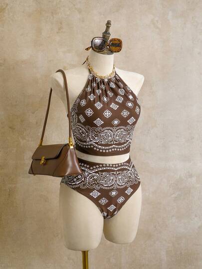 Swim Chiccia Women's Summer Beach Floral Print Halter Tie Tankini Swimsuit Set