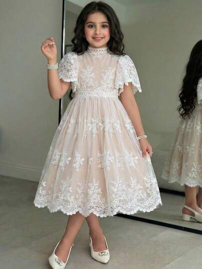 SHEIN Tween-Mädchen Kleid mit gewebtem Mesh, bestickter Spitzenborte, gerafften Rüschenärmeln, taillierter Taille, elegantes Kleid, Prinzessinnenkleid, geeignet für Hochzeiten, Partys, Abschlussfeiern, Feiertage, Frühlingsurlaub, Valentinstag, Blumenmädchenkleid