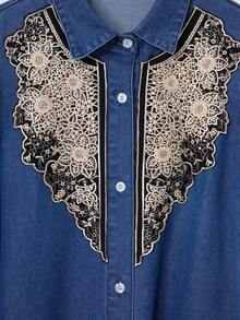 GlowEve 女士翻领单排扣褶裥休闲度假约会外出长袖牛仔连衣裙 - 藍色 - 查看 7