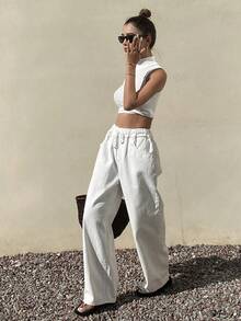 Dazy Tall 高个女式抽绳系腰水洗白色休闲牛仔裤 - 白色 - 查看 4