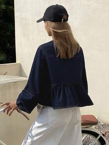 DAZY 女士圆领蝴蝶结开衫牛仔短灯笼袖宽松系带衬衫 - 深色水洗藍 - 查看 5