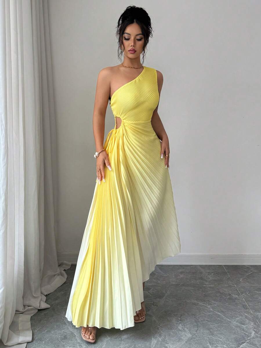 Modelyn Yellow Sleeveless Asymmetric Neck Pleated Ombre Dress For Women Pleated Dress Asymmetrical Dress One Shoulder Dress