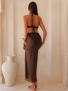 Swim Oasis Summer Fashionable High-End Elegant Special Fabric Design One-Piece Swimsuit With Beach Cover-Up - Coffee Brown - View 3