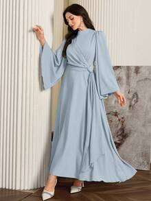Modelyn Women Elegant Solid Color Bell Sleeve Arabic Dress, Autumn Long Evening Dresses - Blue - View 5