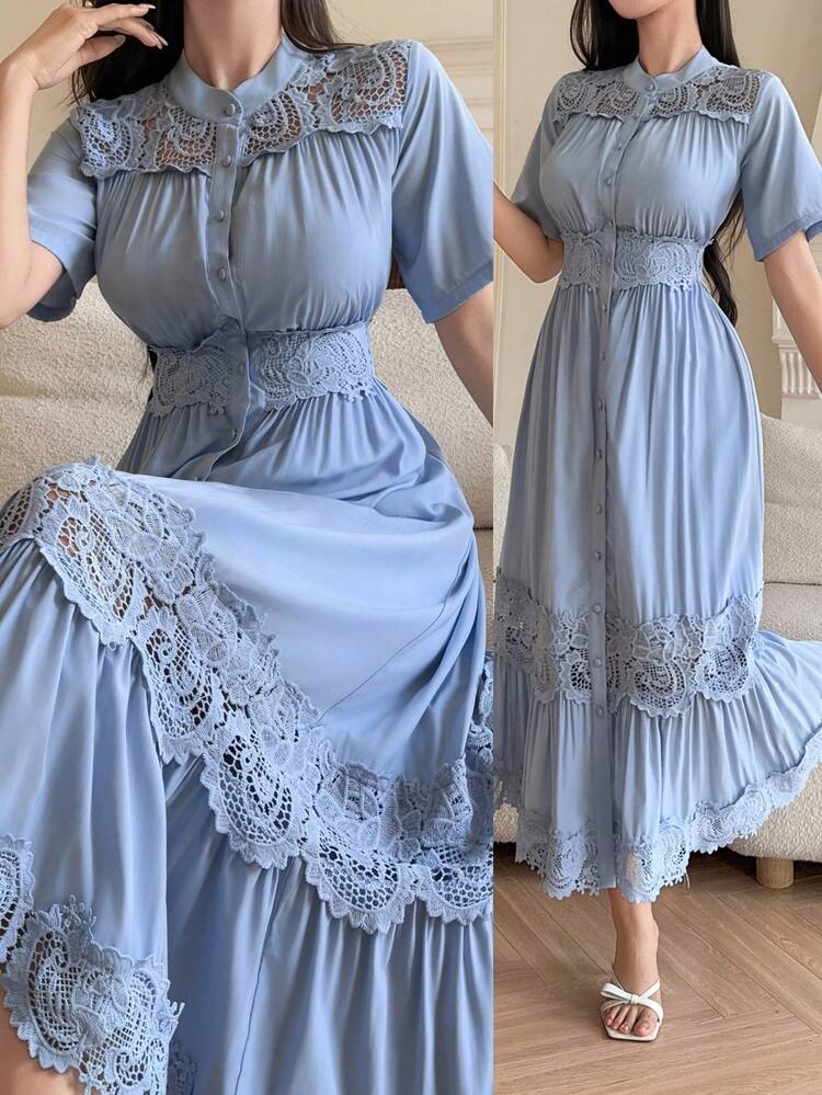 Women's Elegant Lace Patchwork Mandarin Collar Midi Dress, Summer Wedding Guest Dress Sundress