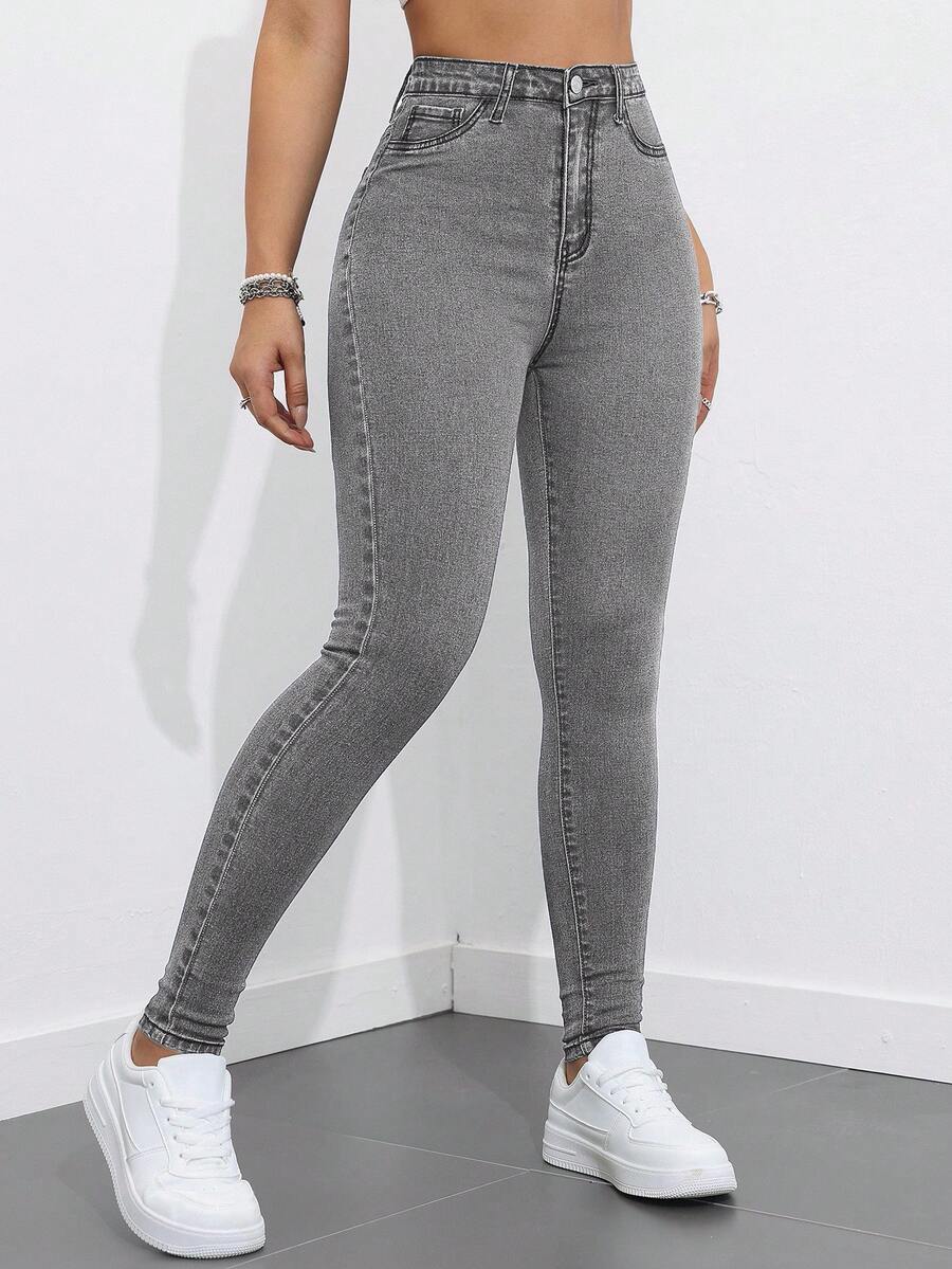 SHEIN ICON 女士高腰口袋修身休闲百搭牛仔裤 - 灰色 - 查看 1