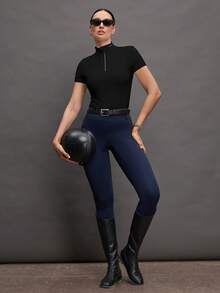 Activina Women's Solid Color Zipper Placket Short Sleeve Equestrian Top Black Mock Neck Top Women Black Short Sleeve Top Black Compression Top Women's Sports Top Women's Equestrian Top  Y3k  Seksi Chic  For Daily Wear Yoga Yoga Studio Tennis  Gym Indoor Outdoor Active - Black - View 4