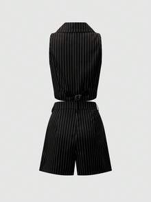 Opuloom Women's Fashion Deep V-Neck Striped Sleeveless Open Front Sexy Chic Minimalist Casual Everyday Wear, Work, Date, Party Outfit, Spring/Summer 2-Piece Set Office Outfits For Women 2 Piece Retro Outfit For Women Set Suits For Women Two Piece Graduation Suits For Women Skirt Set Bussines Casual Women Set Zoey Outfit Zebra Larsson Concert Outfit Zoo Outfit Women 2 Piece Set Summer Outfits For Women Work Wear Women Office Co Ords - Multicolor - View 2