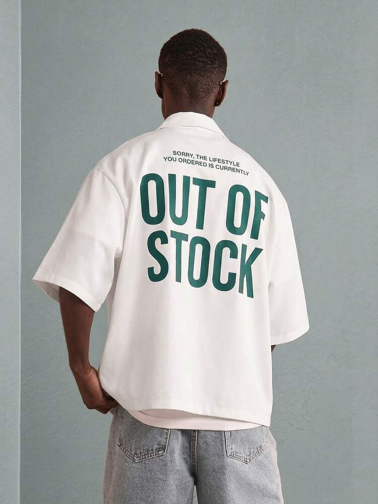 Boxy Fit Oversized White Button Down Shirt With Out Of Stock Text Print For Men