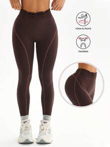 Seamluxe SHEIN Sport 1件装女士无缝郁金香腰撞色条纹跑步健身瑜伽打底七分紧身裤 - 咖啡棕 - 查看 1