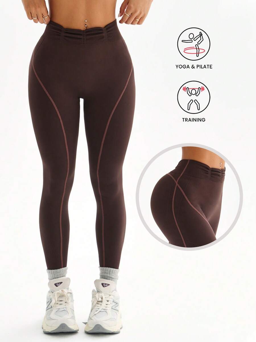 Seamluxe SHEIN Sport 1件装女士无缝郁金香腰撞色条纹跑步健身瑜伽打底七分紧身裤 - 咖啡棕 - 查看 1