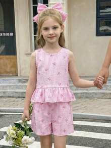 Young Girls T-Shirt Set, Sleeveless Top + Ruffle Hem Babydoll Style, Paired With Matching Shorts, Overall Fresh Casual Set; Soft Pink Tone + Bow Accent, Typical Sweet Style Suitable For Spring-Summer - Pink - View 8