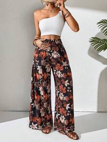 SHEIN Holidaya Women's Black Floral Boho Smocked High Waist Pants,Autumn Leaf Print Wide Leg Long Trousers,Casual Holiday & Vacation Fashionable Summer Pants - Black - View 4