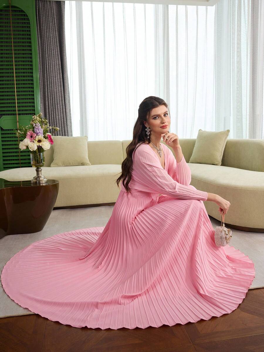 Modelyn V-Neck Chiffon Pleated Dress With Diamond Buttons, Elegant Long Dress For Women, Pink - Pink - View 1