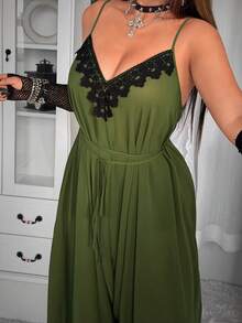 Whyspr Spring/Summer New Dark Gothic Textured Drapey V-Neck Jumpsuit With Ruffle Design, Tie-Up Waist, Pleated Slimming Pants - Dark Green - View 7