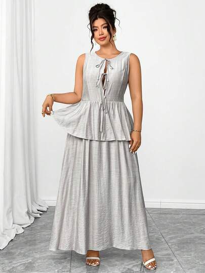 Elenzga Vestido sin mangas de cuello redondo con textura similar al lino y decoración de lazo multicapa, dobladillo con volantes, silueta evasé, vestido casual elegante para salir, fiesta, vacaciones en talla grande