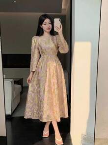 DAZY Women's Elegant Floral Print Round Neck Puff Sleeve Long Dress, Spring/Summer Wedding Guest Dress - Pink - View 4