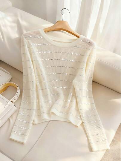 INAWLY Women's Casual Commuting Sequin Patchwork Hollow Out Long Sleeve Lightweight Knit T-Shirt, Spring/Summer/Autumn